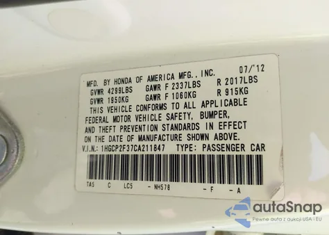 2012 Honda Accord 2.4 Lx из США, поврежденный, VIN 1HGCP2F37CA211847